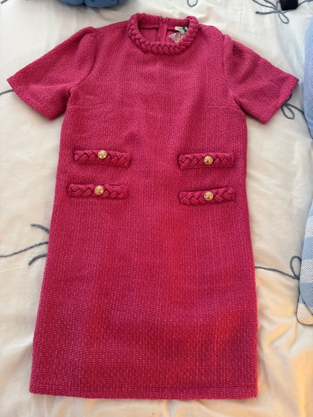 Girls' Braided Trim Short Sleeve Dress in Bright Pink